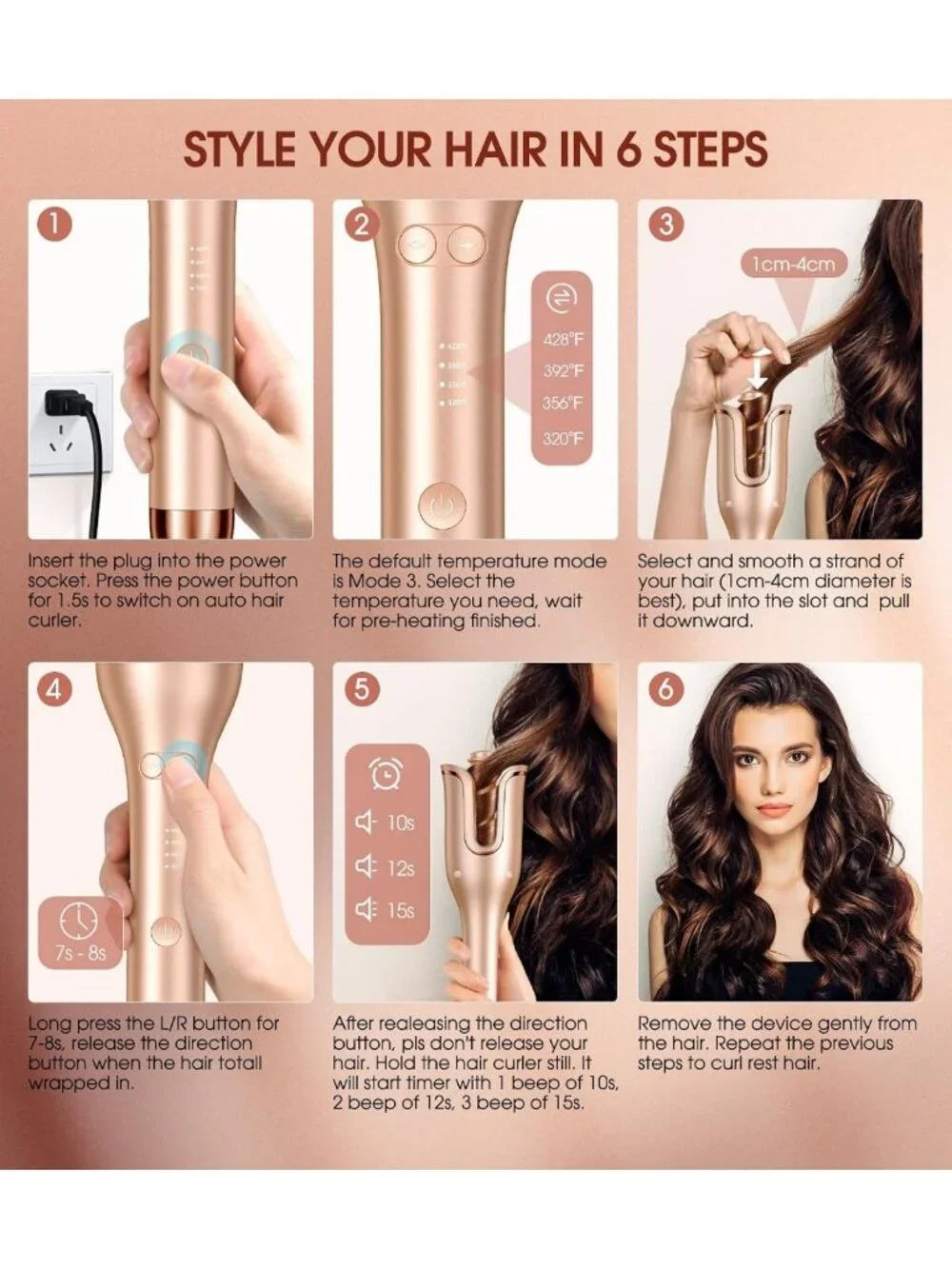 Automatic Curling Iron with 1'' Wand, 4 Temp Settings, Anti-Tangle & Auto